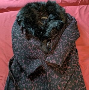 Badgley Mischka Purple And Black Midi Leopard Coat With Removable Faux Fur Trim